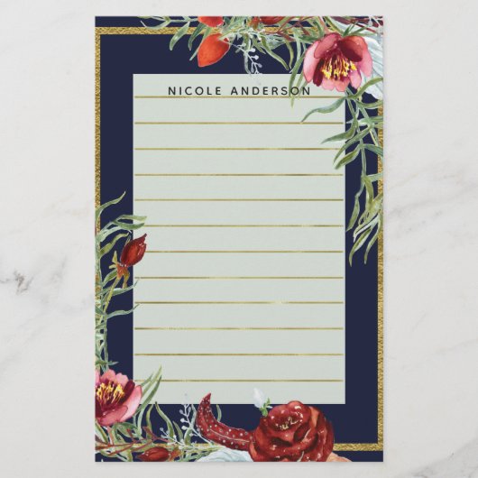 Rustikale Herbstmarsala florale Marine Blau Modern Briefpapier (Vorderseite)