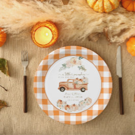 Rustikale Herbstpumpenwagen Karierte Babydusche Pappteller