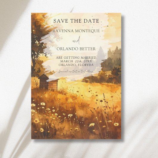 Rustikale Herbstscheune-Wiesen-Wasserfarben-Hochze Save The Date