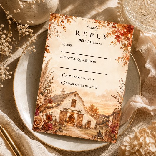 Rustikale Herbstscheunen-Hochzeit RSVP Karte