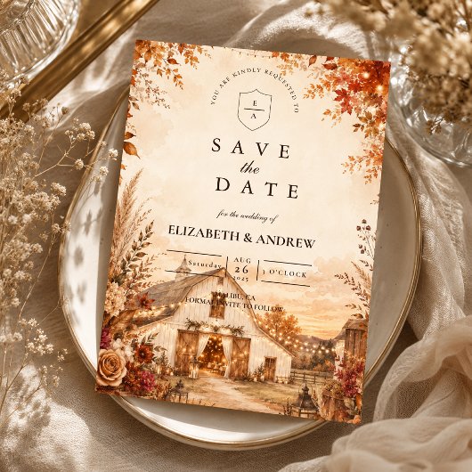 Rustikale Herbstscheunen-Hochzeit Save The Date