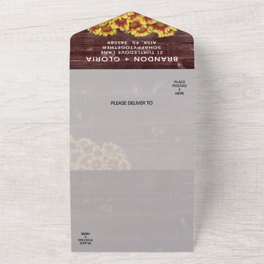 Rustikale Herbstsonnenblumen auf Zaunhochzeit All In One Einladung (Außenbereich)