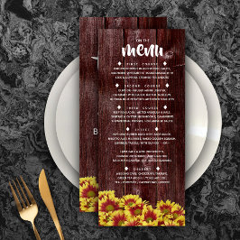 Rustikale Herbstsonnenblumen auf Zaunhochzeit Menükarte
