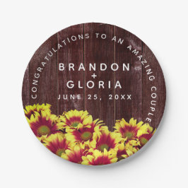 Rustikale Herbstsonnenblumen auf Zaunhochzeit Pappteller