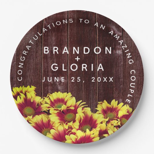 Rustikale Herbstsonnenblumen auf Zaunhochzeit Pappteller (Vorderseite)