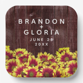 Rustikale Herbstsonnenblumen auf Zaunhochzeit Pappteller