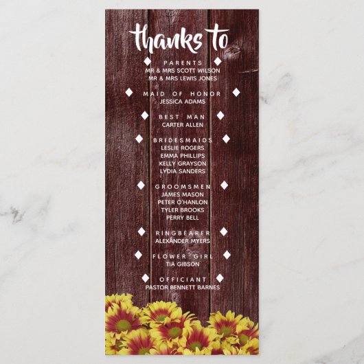 Rustikale Herbstsonnenblumen auf Zaunhochzeit Programm (Rückseite)