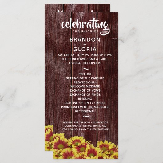 Rustikale Herbstsonnenblumen auf Zaunhochzeit Programm (Vorne/Hinten)