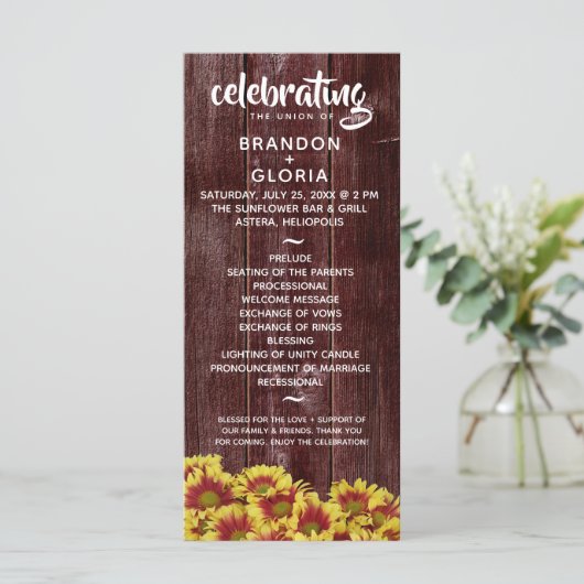 Rustikale Herbstsonnenblumen auf Zaunhochzeit Programm (Stehend Vorderseite)