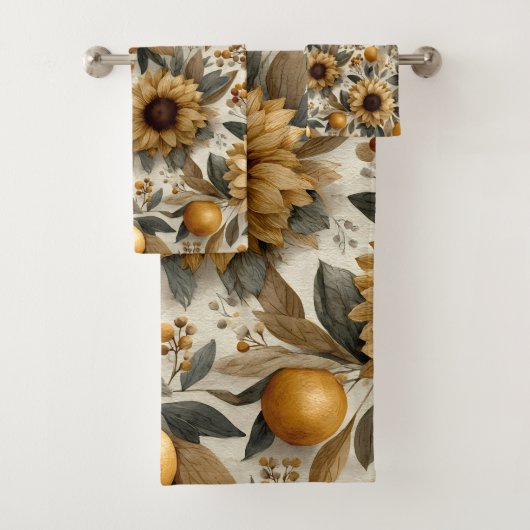 Rustikale Herbstsonnenblumen und Zitrusfrüchte Badhandtuch Set (Insitu)