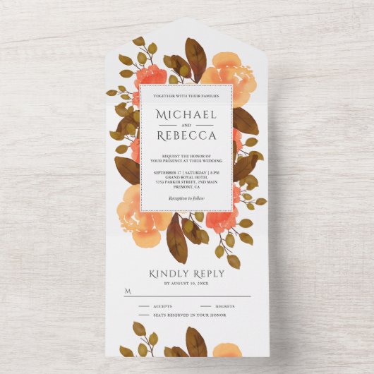 Rustikale Herbstsonnenhochzeit Orange Blues All In One Einladung (Innen Boden)