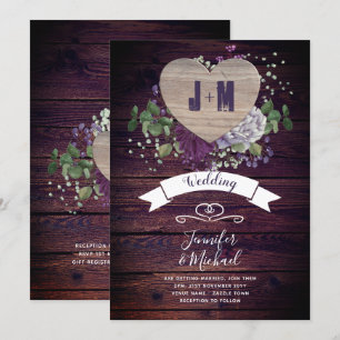 Rustikale Herz-Lila-Blumen Hochzeit Einladung