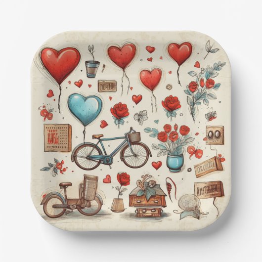 Rustikale Herzen Rot und Creme Pappteller (Vorderseite)