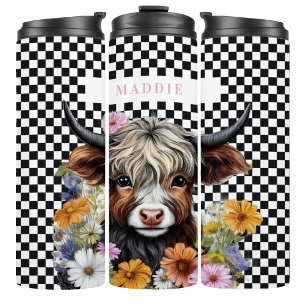 Rustikale Highland-Kuh-Blumen-Karo-Tumbler-Tasse Thermosbecher