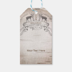 Rustikale Hirsch- und Zweig-Weißbirken-Hochzeitsgu Geschenkanhänger