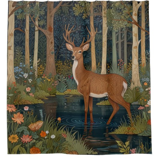 Rustikale Hirschhütte mit Waldbewaldung Duschvorhang (Vorderseite)