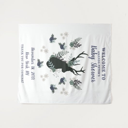 Rustikale Hirschkopf Blue Floral Baby Dusche Willk Wandteppich (Vorderseite (Horizontal))