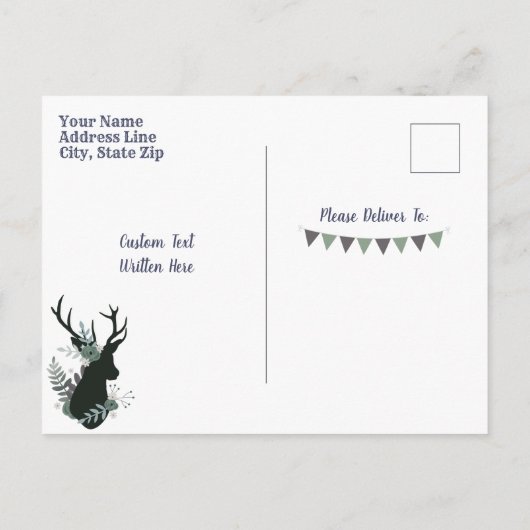 Rustikale Hirschkopf Blue Floral Moderne Babydusch Einladungspostkarte (Rückseite)