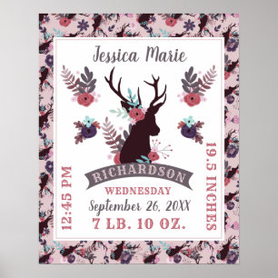 Rustikale Hirschkopf-Chic Baby Girl Birth Record S Poster