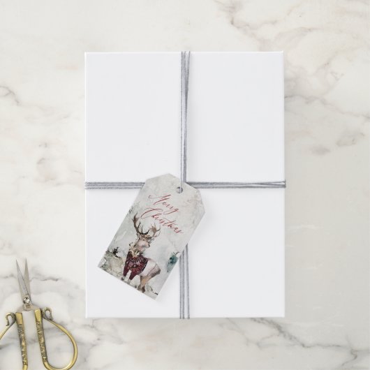 Rustikale Hirschwasserfarbe Schneeszene Weihnachte Geschenkanhänger (Mit Garn)