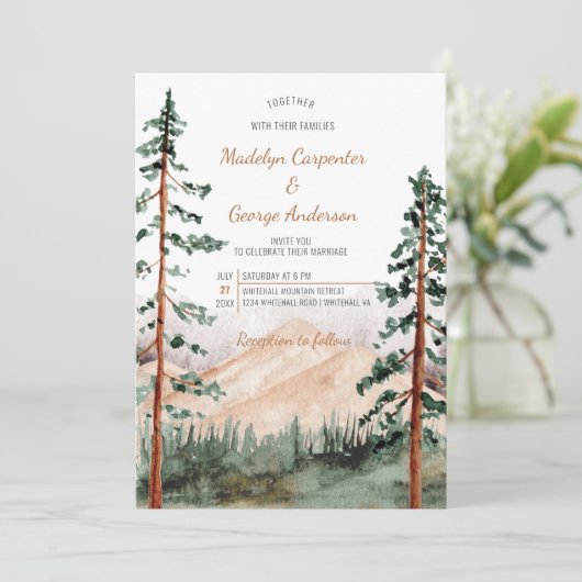 Rustikale Hochgebirge Bäume Landschaft Hochzeit | Einladung (Stehend Vorderseite)