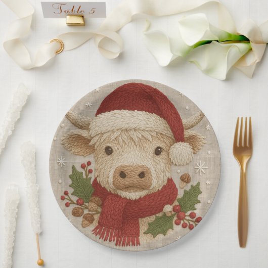 Rustikale Hochlandkuh mit Weihnachtsmannmütze Pappteller (Hochzeit)