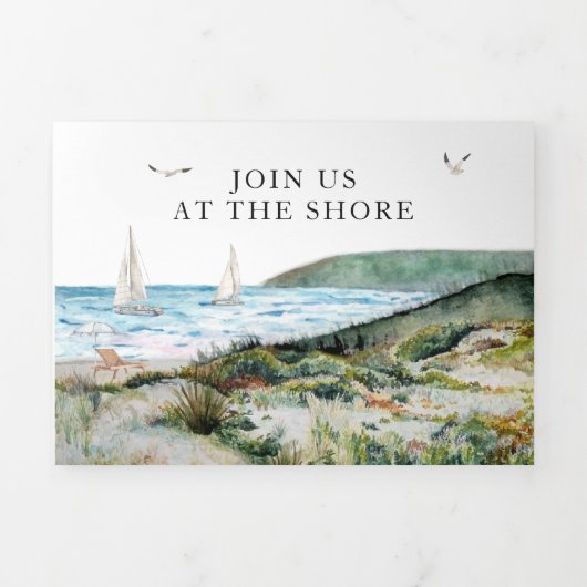 Rustikale Hochzeit am Meer Dreifach Gefaltete Einladung (Cover)