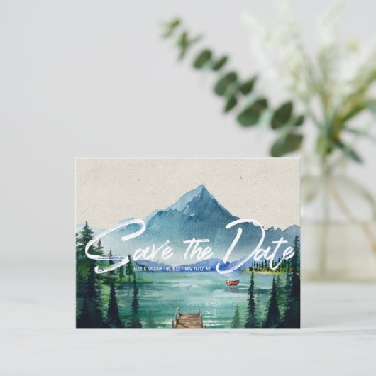Rustikale Hochzeit am See | Save the Date Postkart Ankündigungspostkarte (Stehend Vorderseite)
