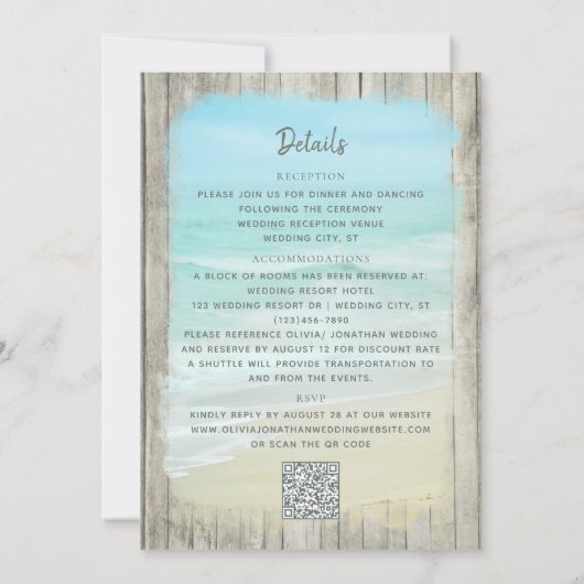 Rustikale Hochzeit am Strand in einem QR-Code Einladung (Rückseite)