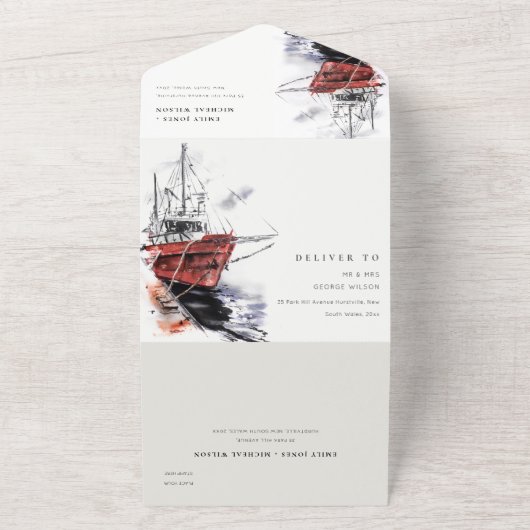 Rustikale Hochzeit auf dem Yacht Sailboat Wasserfa All In One Einladung (Außenbereich)