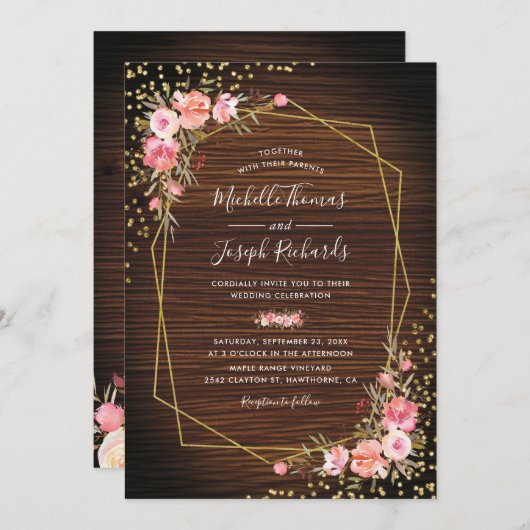 Rustikale Hochzeit aus Holz Geometric Gold Pink Einladung (Vorne/Hinten)