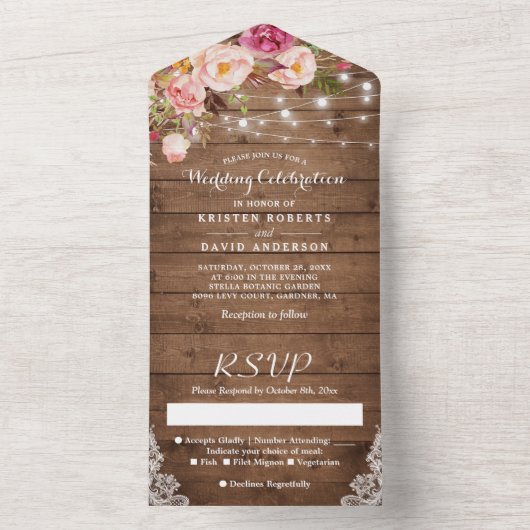 Rustikale Hochzeit aus Holz mit Lichtern Blush All In One Einladung (Innen Boden)