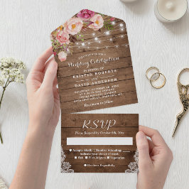 Rustikale Hochzeit aus Holz mit Lichtern Blush All In One Einladung