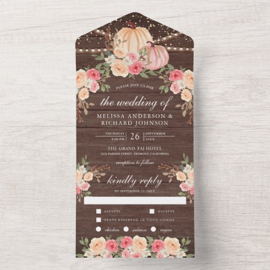Rustikale Hochzeit aus Holz Pink und Peach Pumpkin All In One Einladung (Innen Boden)