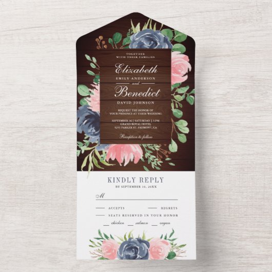 Rustikale Hochzeit aus Holz Rosa Navy Blau Blütenb All In One Einladung (Innen Boden)