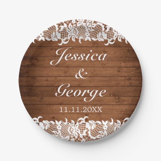 Rustikale Hochzeit aus Holz und Weiß Pappteller (Vorderseite)