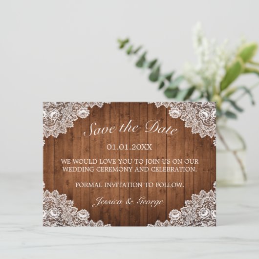 Rustikale Hochzeit aus Holz und Weiß Save The Date (Stehend Vorderseite)