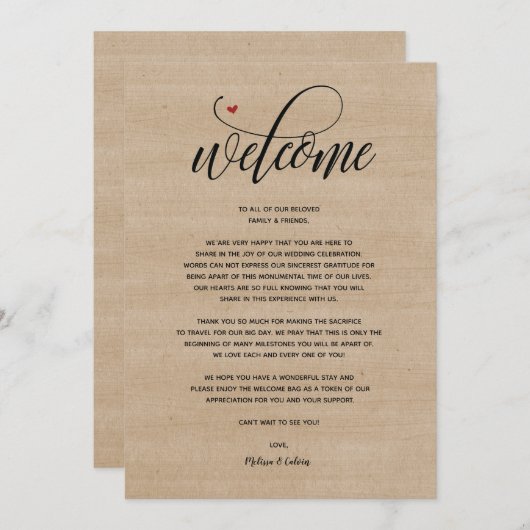 Rustikale Hochzeit Begrüßung und Reisekarte Programm (Vorne/Hinten)