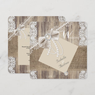 Rustikale Hochzeit Beige Perle Spitze Holz Jute 3 Einladung