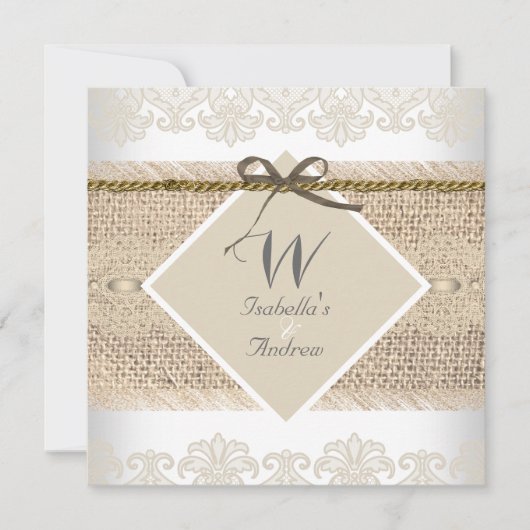 Rustikale Hochzeit Beige Spitze Burlap White Einladung (Vorderseite)