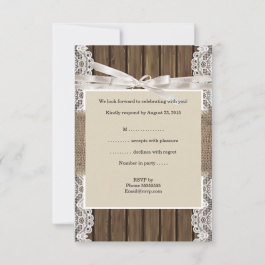 Rustikale Hochzeit Beige UAWG Lace Wood Burlap 3 RSVP Karte (Rückseite)