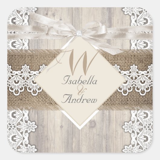 Rustikale Hochzeit Beige weiße Lace Wood Burlap AB Quadratischer Aufkleber (Vorderseite)