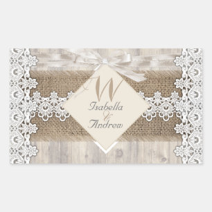 Rustikale Hochzeit Beige weiße Lace Wood Burlap AB Rechteckiger Aufkleber