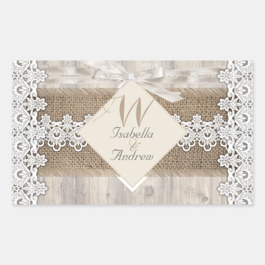 Rustikale Hochzeit Beige weiße Lace Wood Burlap AB Rechteckiger Aufkleber (Vorderseite)