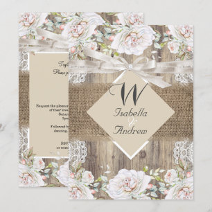 Rustikale Hochzeit Beige Weiße Rosen Holz Jute Einladung