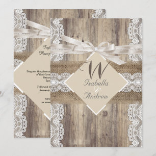 Rustikale Hochzeit Beige Weiße Spitze Holz Jute 2a Einladung
