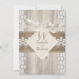 Rustikale Hochzeit Beige Weiße Spitze Holz Jute AB Einladung