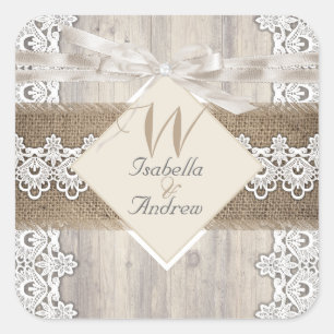 Rustikale Hochzeit Beige Weiße Spitze Holz Jute AB Quadratischer Aufkleber