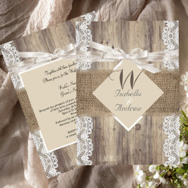 Rustikale Hochzeit Beige Weißholz-Burlap 2 Einladung