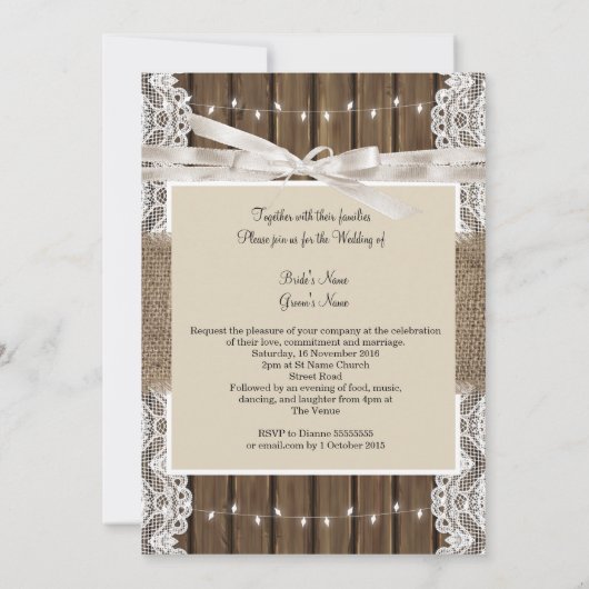 Rustikale Hochzeit Beige Weißholz-Burlap 5 Einladung (Rückseite)